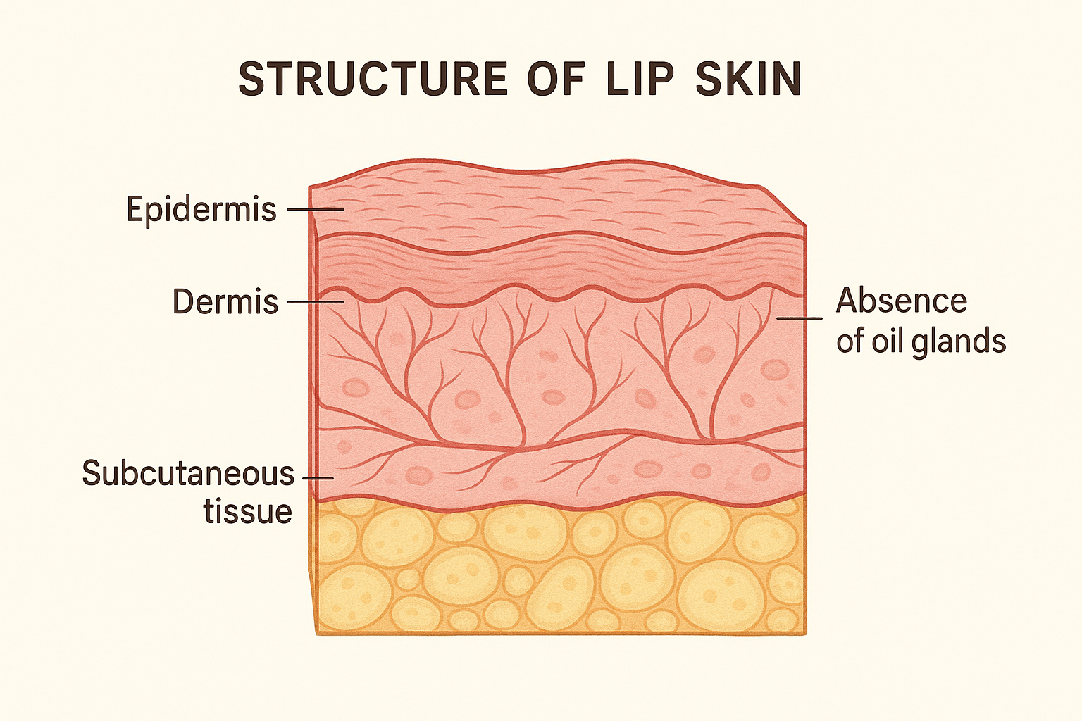 Anatomical illustration of lip skin structure showing thin skin layers without oil glands, educational diagram style, clean medical illustration