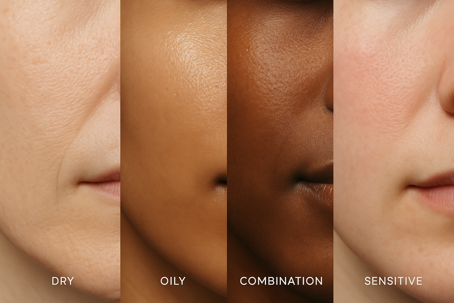 Close-up of diverse skin types displayed side by side, showing dry, oily, combination, and sensitive skin textures with soft natural lighting and clean aesthetic