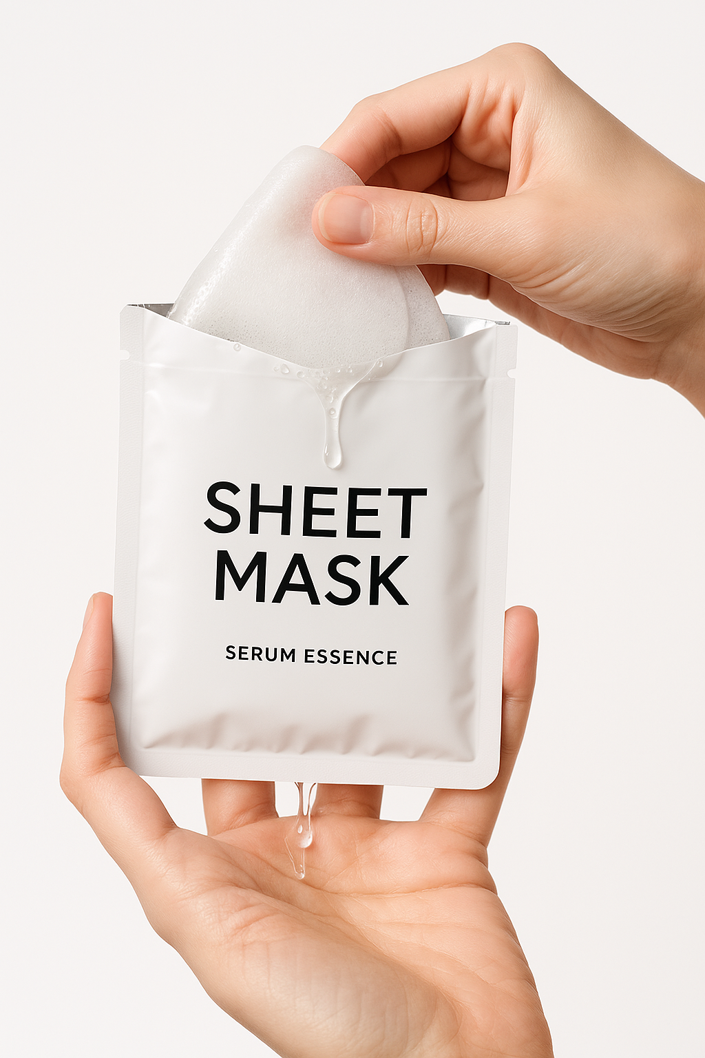 Close-up of hands holding an open sheet mask package with visible serum essence, product photography style, clean white background, professional commercial aesthetic