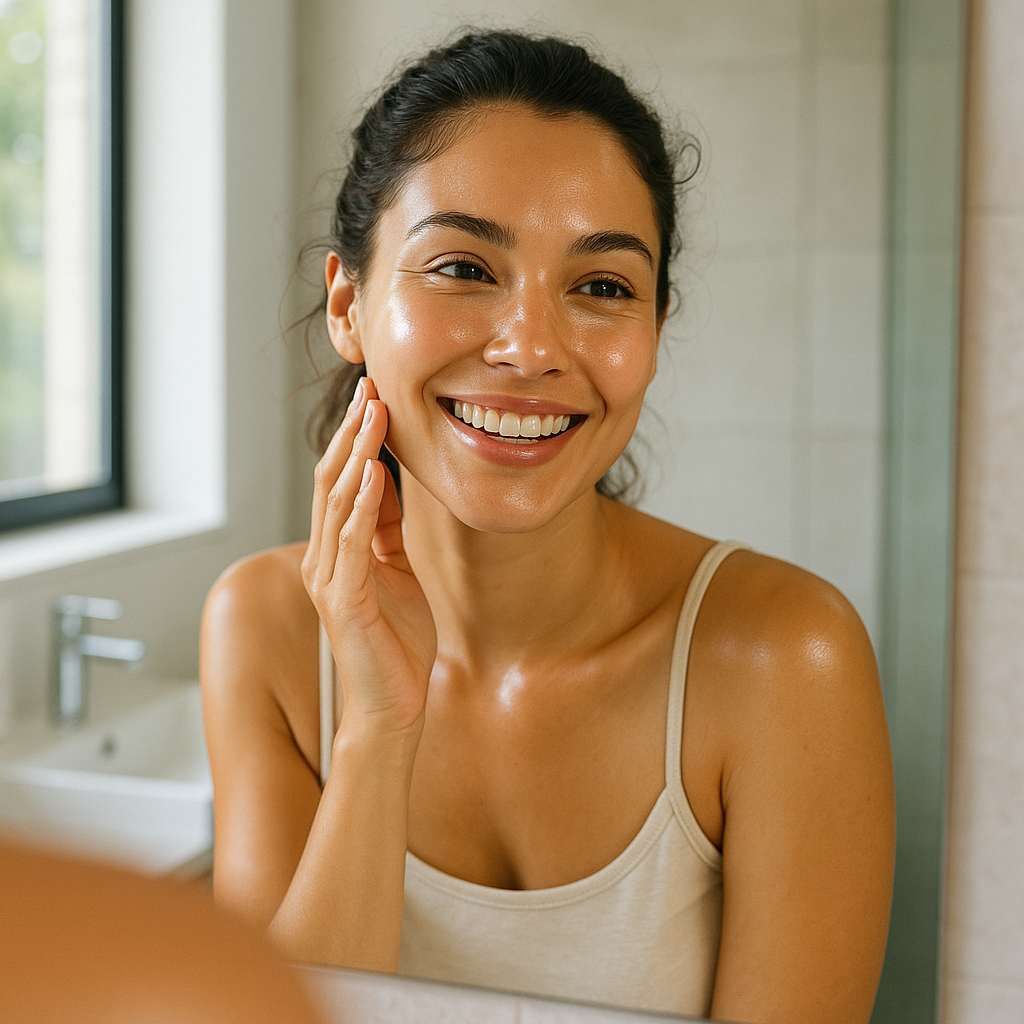 Woman with glowing, healthy skin smiling while looking in mirror, natural morning light, clean modern bathroom setting, focus on radiant complexion and skin clarity, lifestyle beauty photography