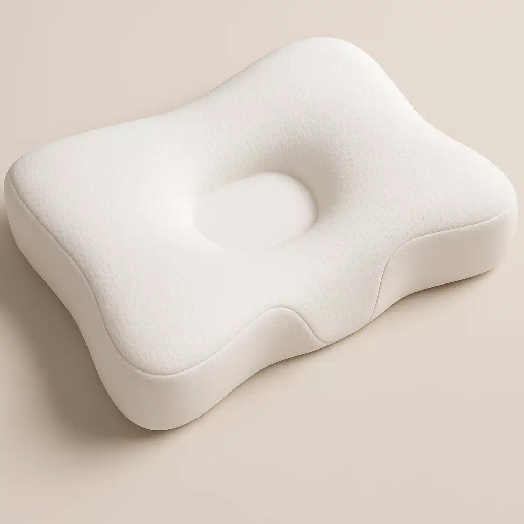 Close-up of a white contoured orthopedic pillow with ergonomic design featuring a center indentation, soft fabric texture, neutral background, product photography style