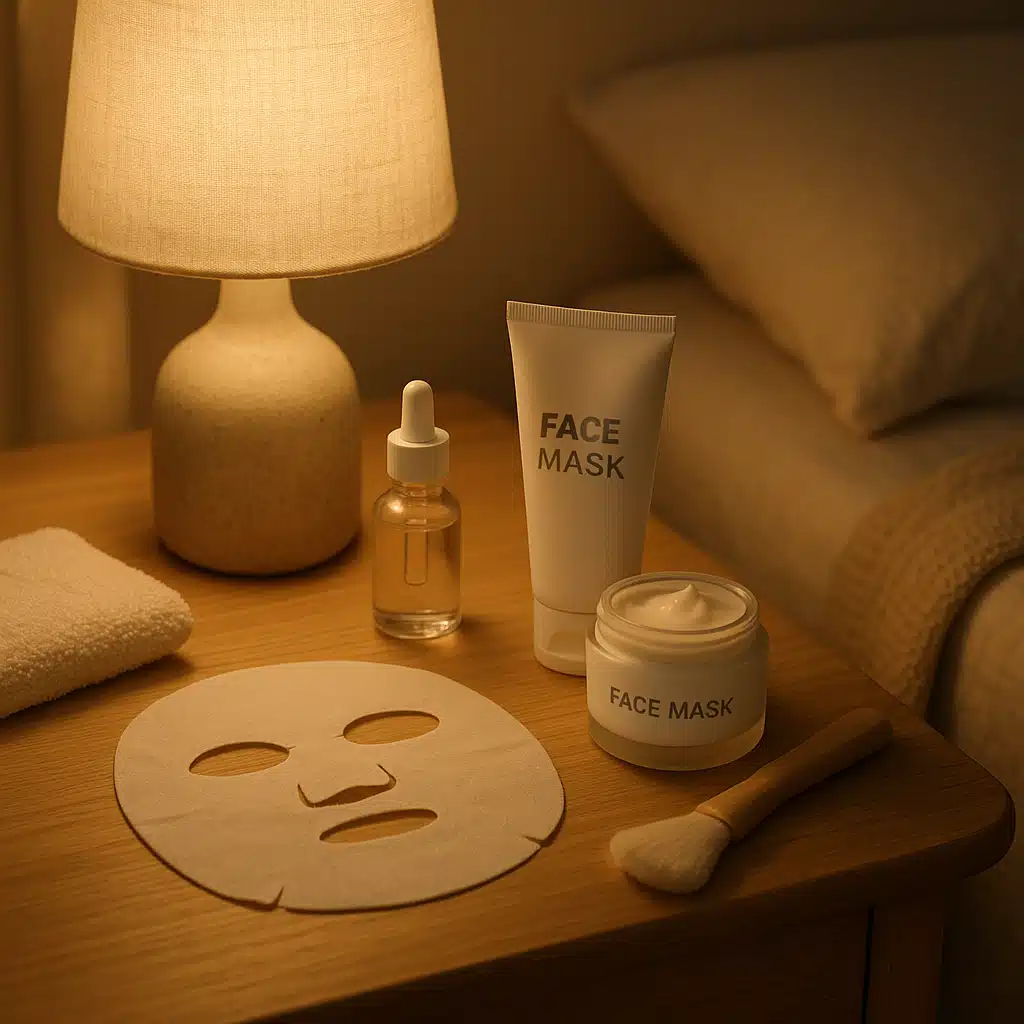 Peaceful evening skincare routine setup with facial mask products, soft ambient lighting, bedside table with skincare items, calming nighttime atmosphere, wellness and self-care theme