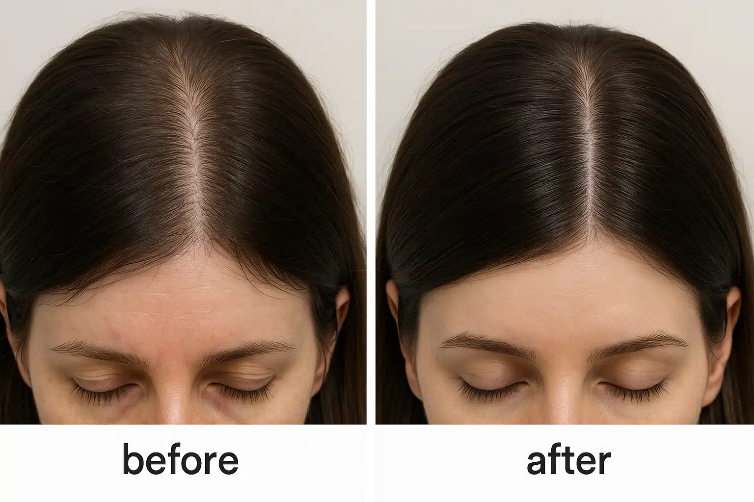Before and after comparison of scalp health showing hair mesotherapy treatment area, clinical documentation style with neutral lighting and clear detail
