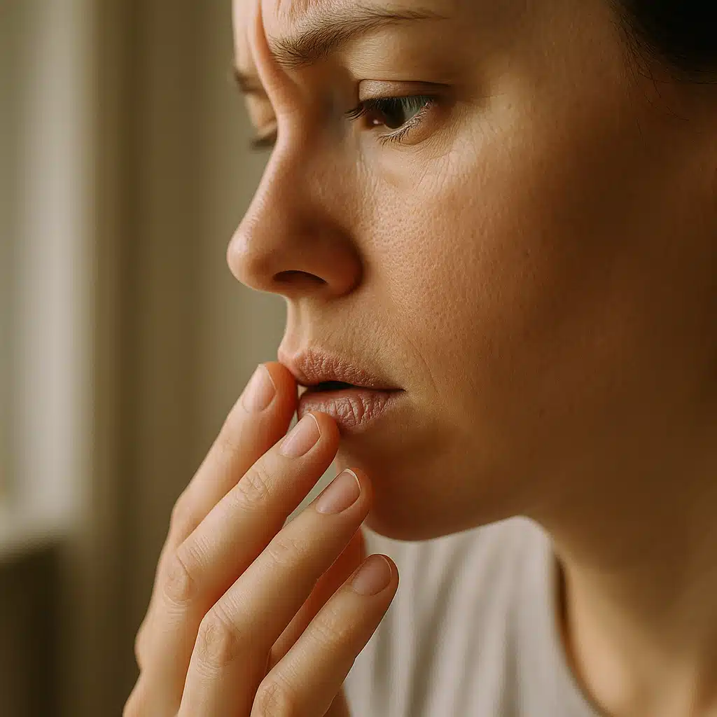 Side profile of a person touching their dry, flaky lips with fingers, natural indoor lighting, close-up view, health concern expression