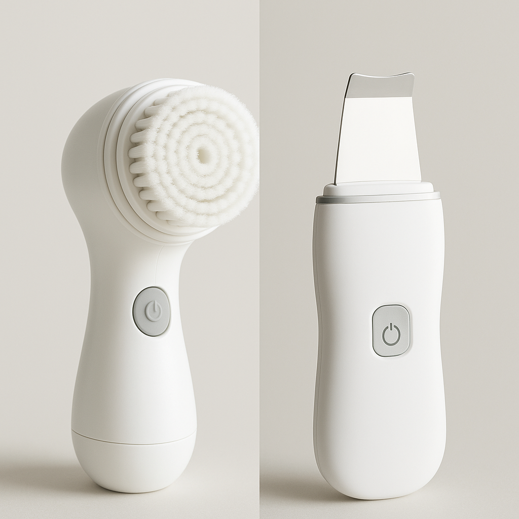 Split composition showing mechanical rotating brush device on one side and ultrasonic spatula device on the other, modern product photography with neutral background
