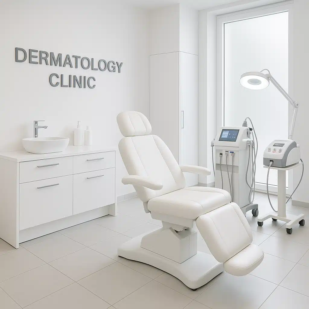 Modern dermatology clinic treatment room with advanced skincare equipment, clean and professional aesthetic, bright and welcoming atmosphere