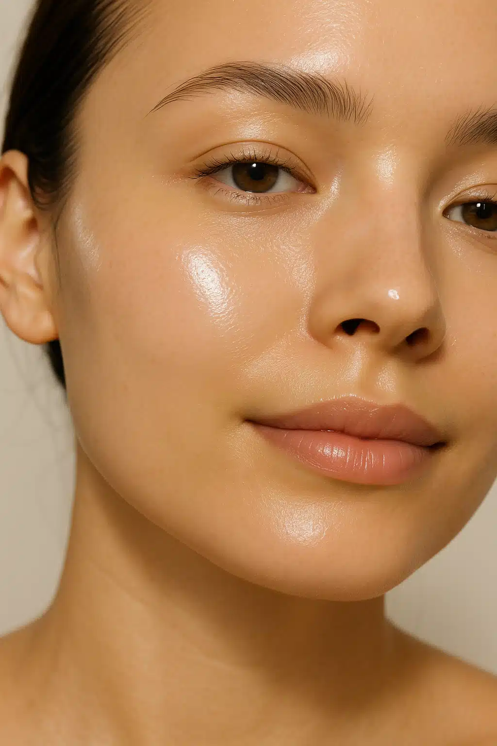 Close-up of healthy, glowing facial skin showing even tone and natural radiance, soft natural lighting, clean beauty aesthetic
