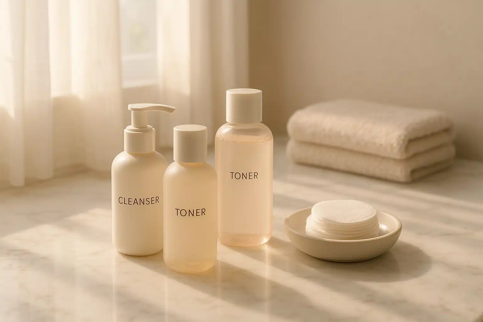 Serene bathroom setting with cleanser bottles, toner, cotton pads arranged on marble countertop, soft morning light, minimalist skincare routine setup, spa-inspired atmosphere