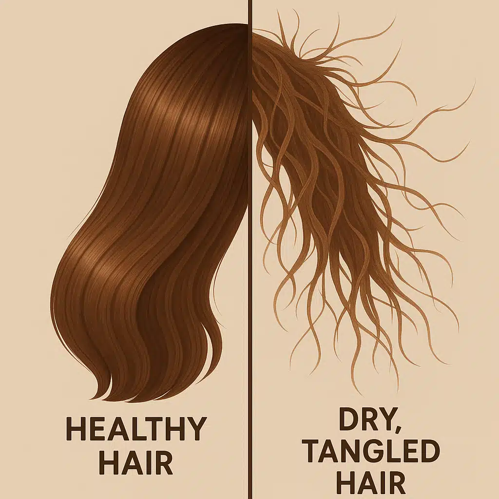 Split image showing healthy hair on one side and dry, tangled hair on the other, educational comparison illustration with neutral background
