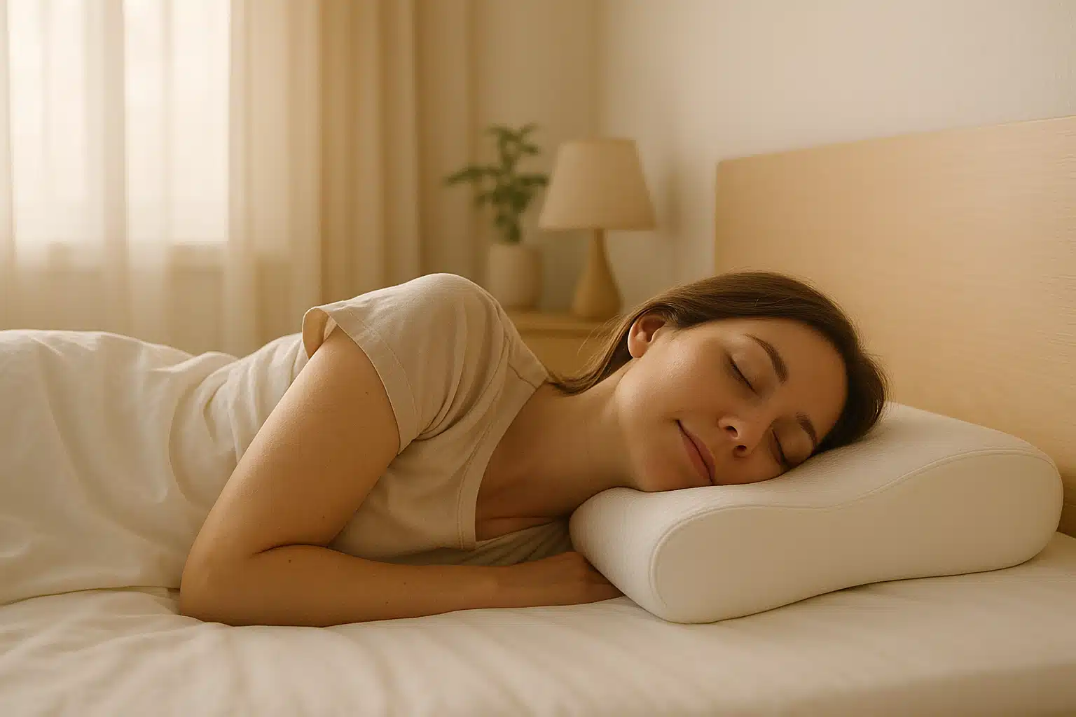 Peaceful bedroom scene showing a person sleeping comfortably on an orthopedic pillow, side view, soft morning light, serene atmosphere, focus on proper neck alignment