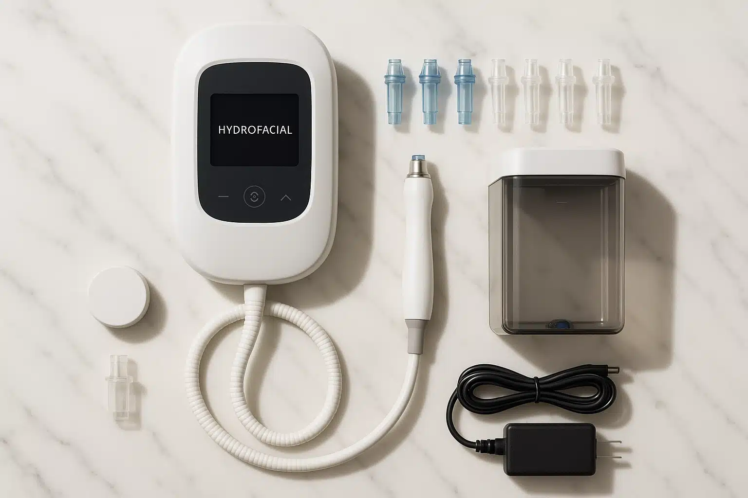 Flat lay of hydrofacial device with various interchangeable tips, water reservoir, and accessories neatly arranged on white marble surface, top-down view, product showcase photography with soft shadows