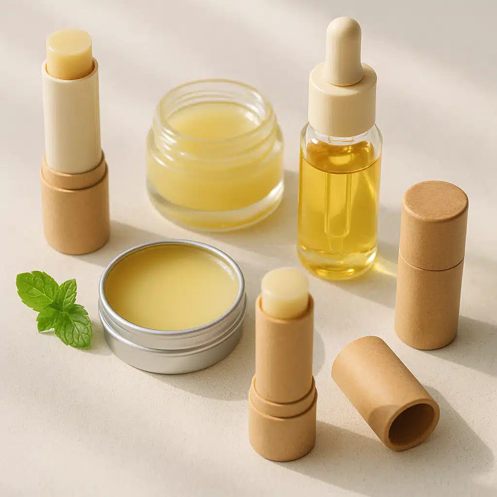 Assortment of natural lip care products including balms, oils, and ointments arranged on a clean surface, soft natural lighting, wellness and self-care theme