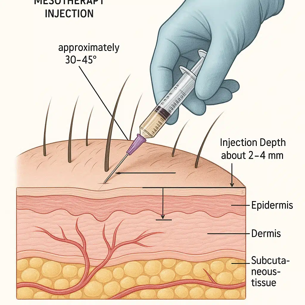 Detailed view of mesotherapy injection technique showing proper needle angle and depth for scalp treatment, educational medical illustration style