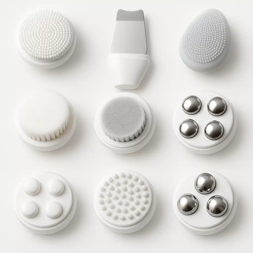 Collection of various facial cleansing device heads and attachments arranged neatly, including silicone brushes, spatula tips, and massage heads, professional product styling