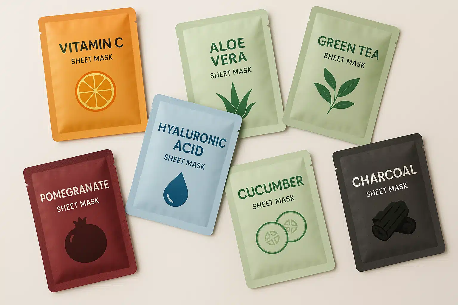 Various sealed sheet mask packets arranged artistically on a clean white surface, showing different colors and designs, professional product photography style, overhead view