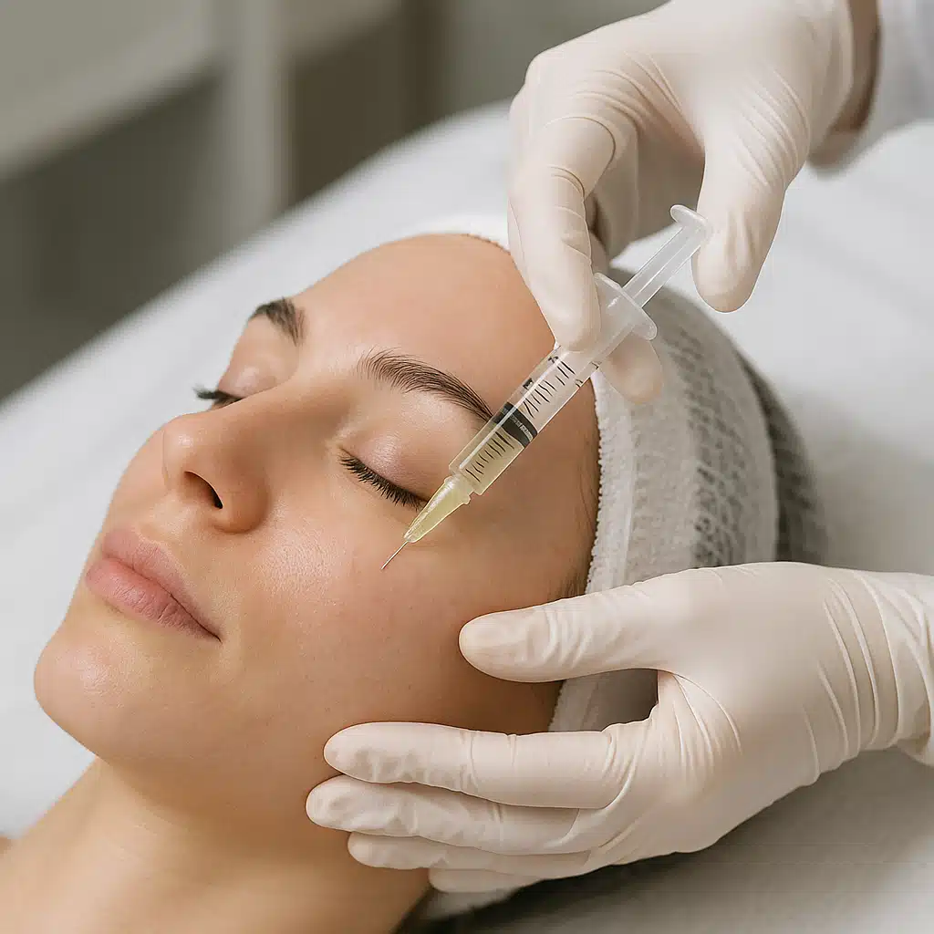 Professional mesotherapy treatment being performed on facial skin, close-up showing fine needle technique, clinical setting with sterile environment