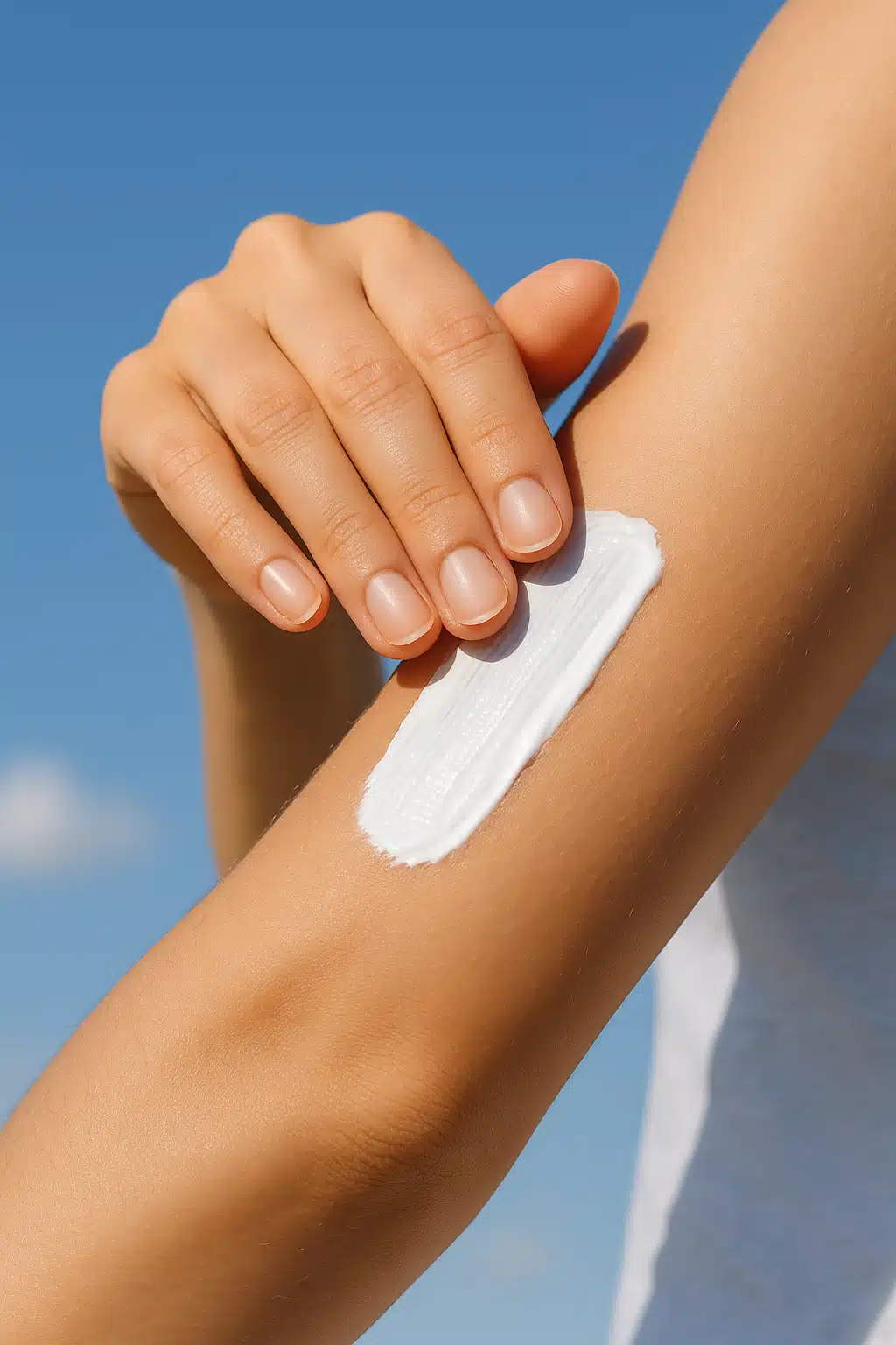 Hand applying white sunscreen cream to arm against blue sky background, protection and skincare concept, bright daylight