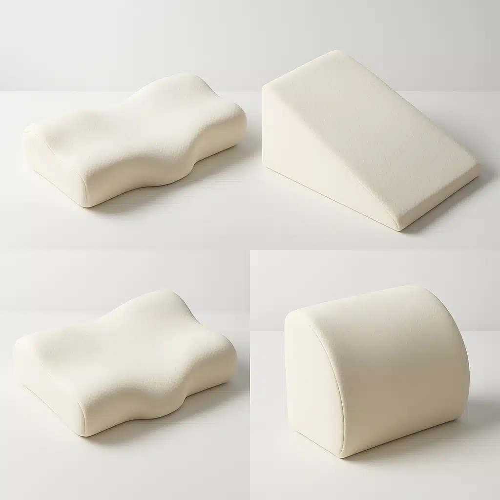 Collection of different orthopedic pillow types arranged on a clean surface, including cervical pillows, wedge pillows, and lumbar support cushions, bright professional lighting, comparison display style
