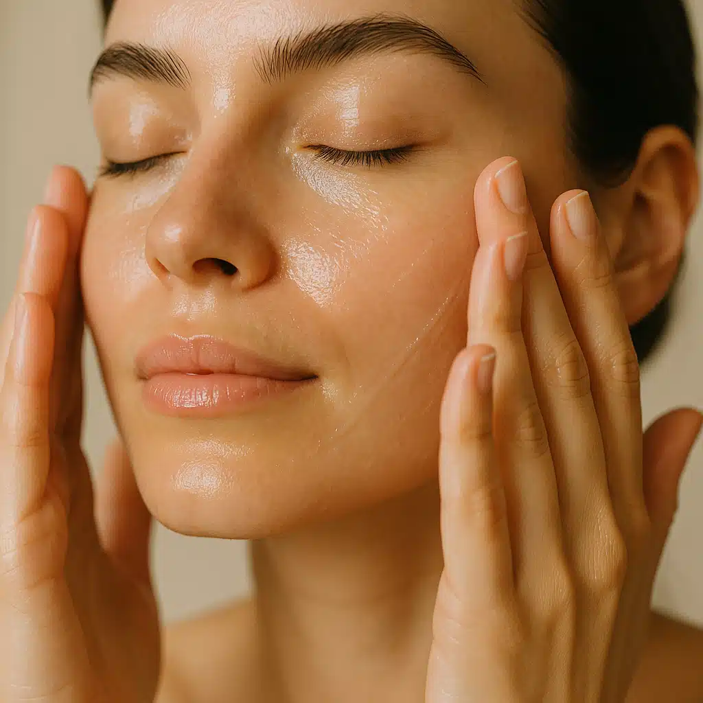 Hands gently massaging facial serum into skin with upward motions, close-up beauty shot, soft focus, glowing healthy skin, natural lighting, skincare application technique demonstration
