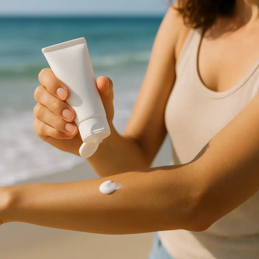 Person applying skincare product on arm at beach, ocean waves in soft-focus background, natural sunlight, healthy skin care concept