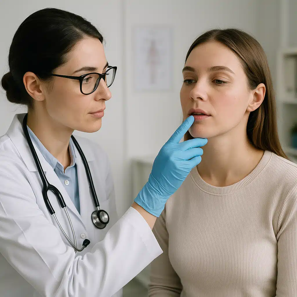 Medical consultation scene with healthcare professional examining patient's lips, clinical setting, professional and reassuring atmosphere