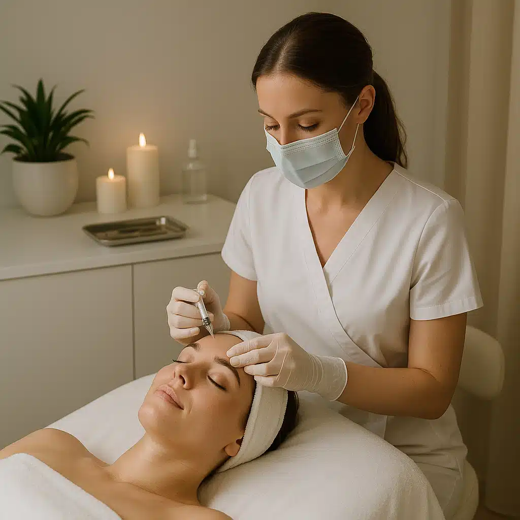 Woman receiving facial mesotherapy treatment in a professional spa setting, relaxed patient lying down while practitioner applies microinjections, clean and modern aesthetic