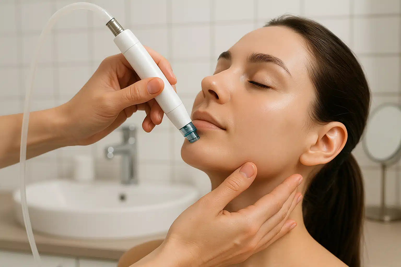 Hands holding hydrofacial device demonstrating proper technique on face, upward motion along jawline, clean bathroom setting with good lighting, educational skincare demonstration photography, professional yet accessible style