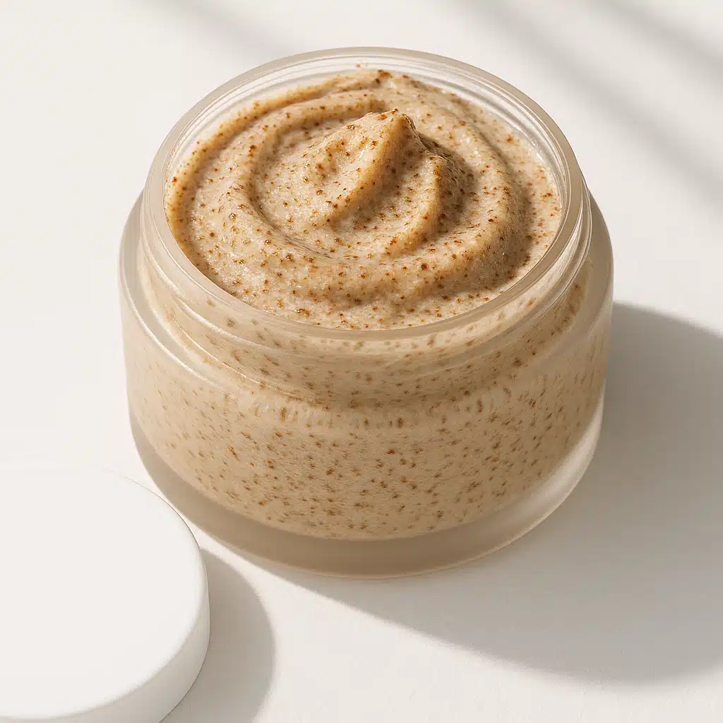 Textured exfoliating mask product in an open jar showing grainy consistency, clean beauty product photography, bright natural lighting, focus on product texture and quality