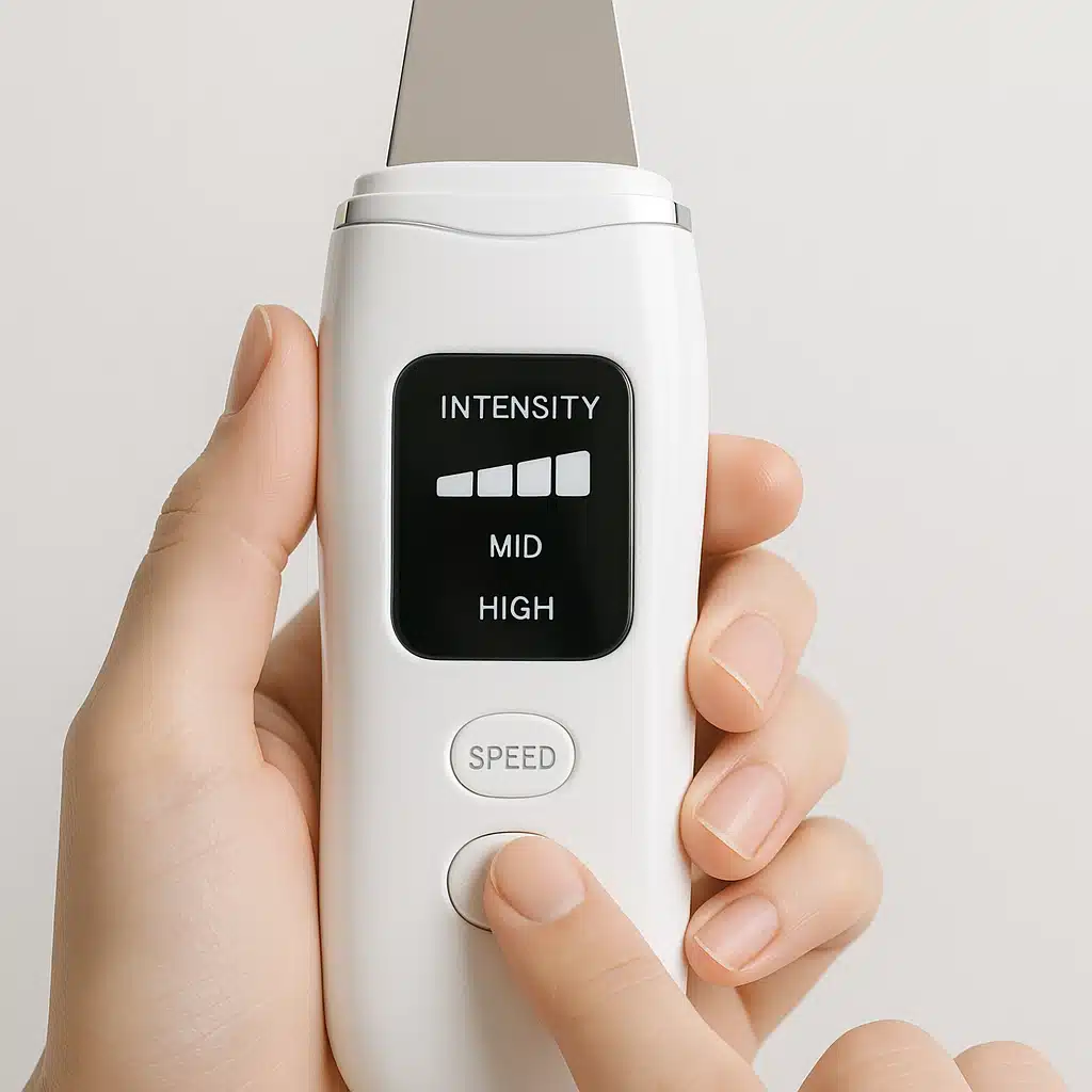 Close-up of hand adjusting speed settings on modern ultrasonic skin cleansing device, digital display showing intensity levels, clean minimalist aesthetic