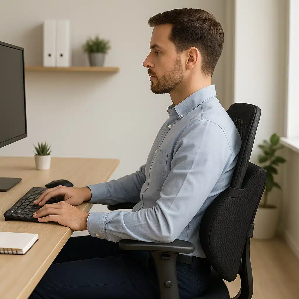 Person sitting in office chair with lumbar support pillow positioned at lower back, side profile view, ergonomic workspace setting, natural lighting, focus on proper posture
