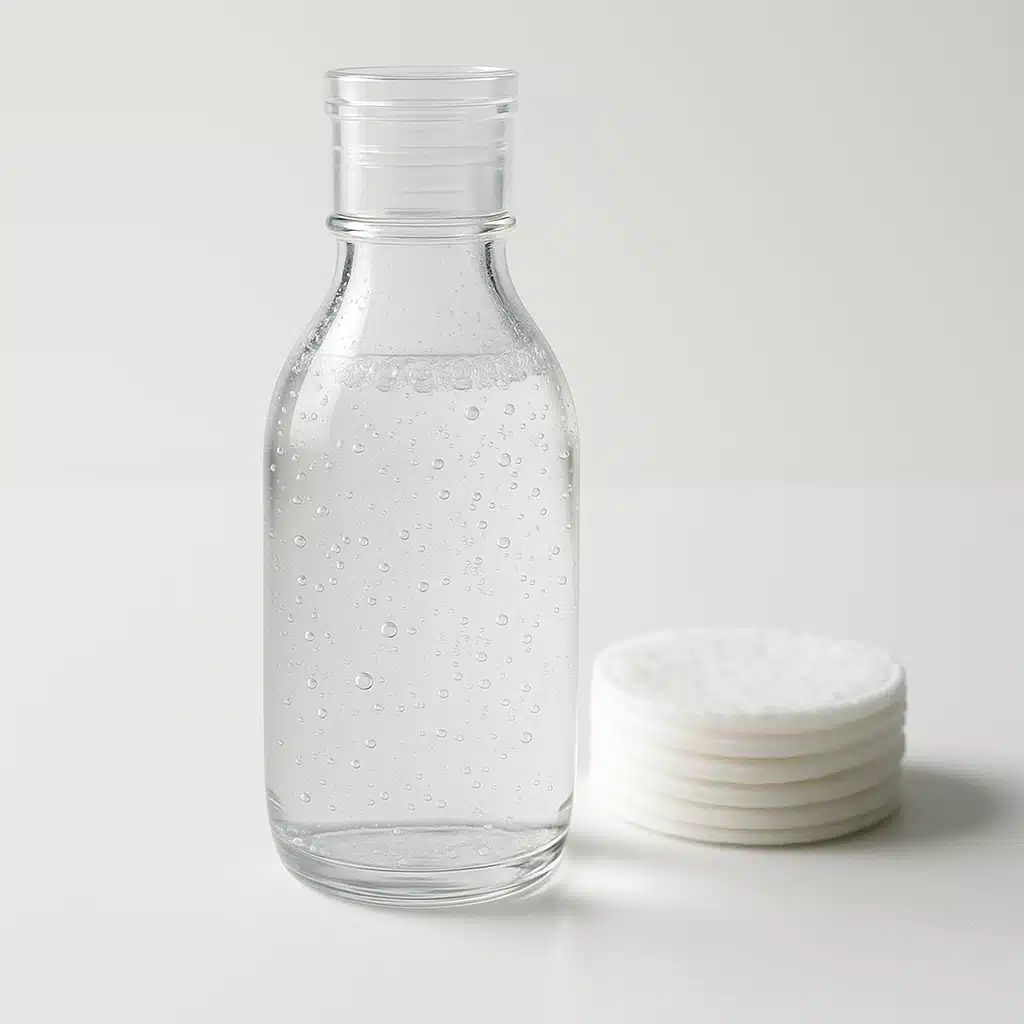 Elegant glass bottle of facial toner with cotton pads on clean white surface, product still life photography, fresh and pure aesthetic, droplets of product visible, professional cosmetic photography