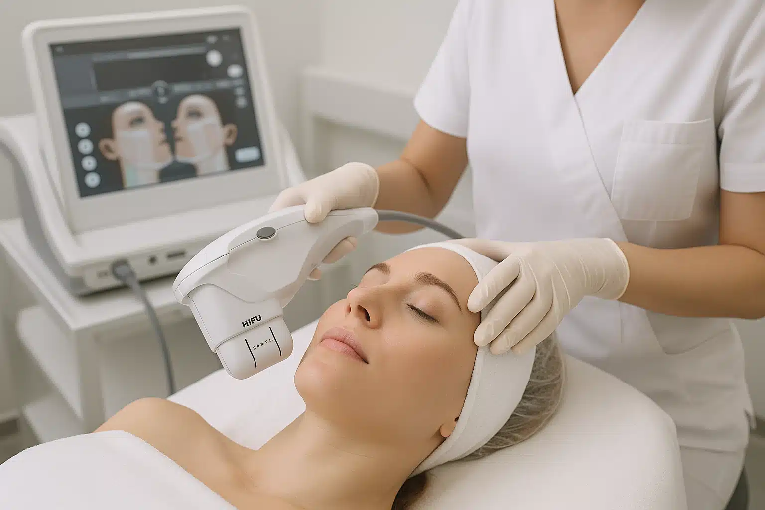 HIFU ultrasound skin tightening device being used on facial area, showing modern medical technology in aesthetic treatment, professional clinic environment