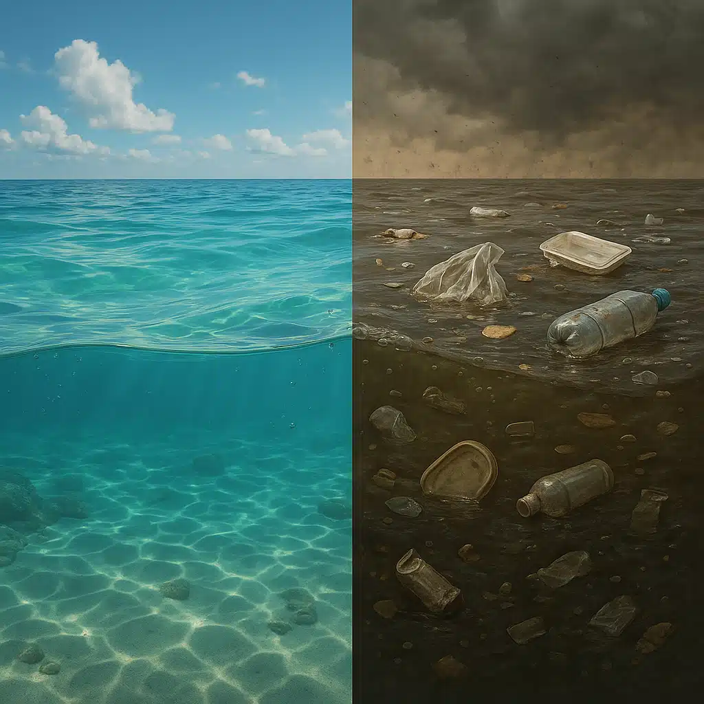 Comparison concept showing clean clear ocean water on one side and polluted water on the other, environmental awareness illustration, realistic style