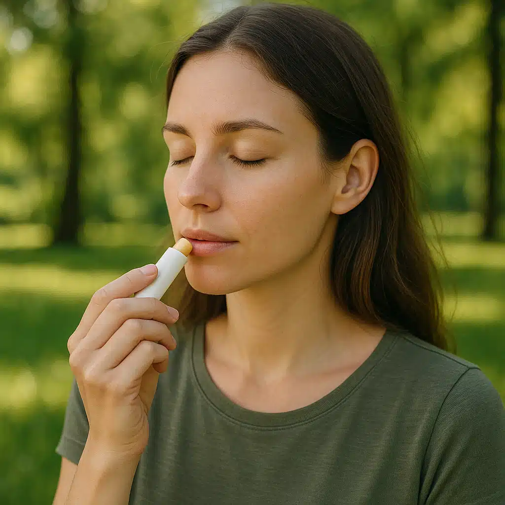 Person applying lip balm outdoors in natural daylight, calm expression, self-care and prevention concept, healthy lifestyle