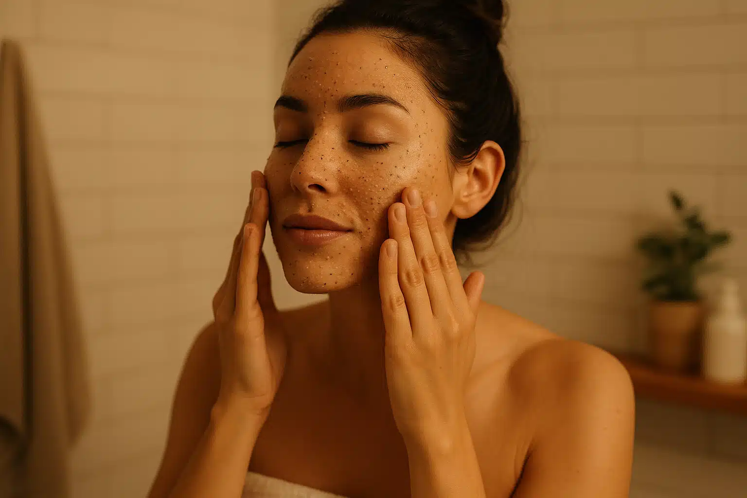 Woman gently applying facial scrub with fingertips in circular motions, bathroom setting, self-care routine, soft lighting