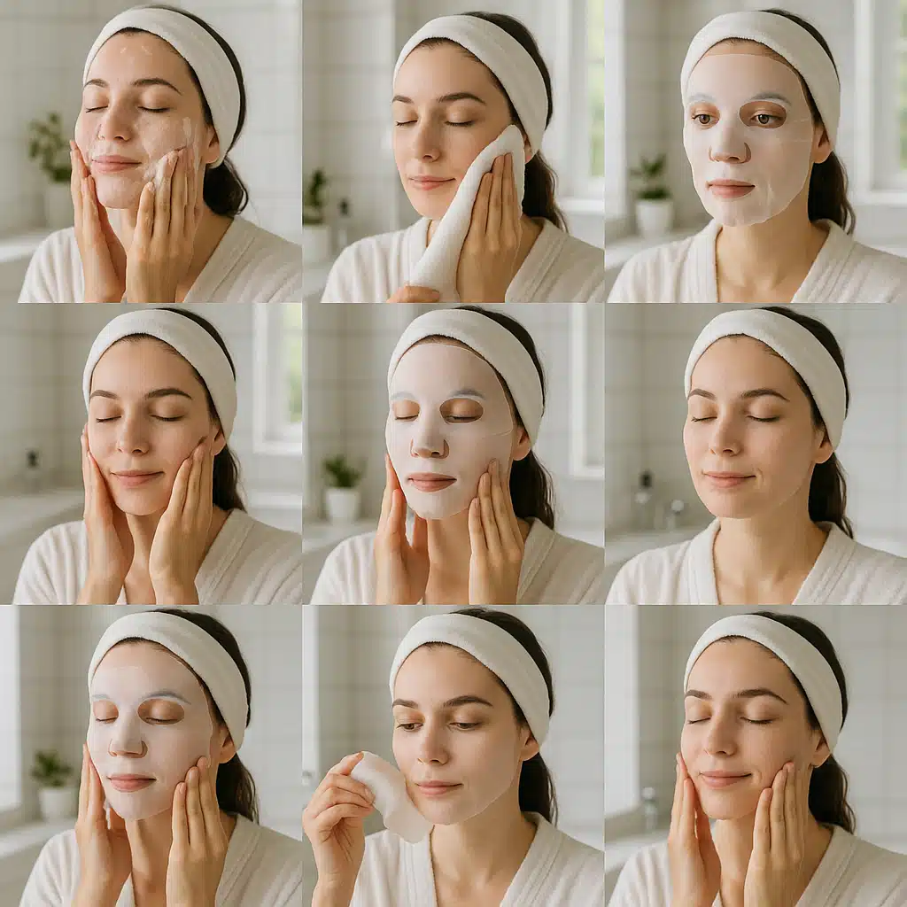 Step-by-step visual sequence of a woman applying a sheet mask, clean bathroom setting with natural light, instructional and educational style, showing proper application technique from cleansing to final steps