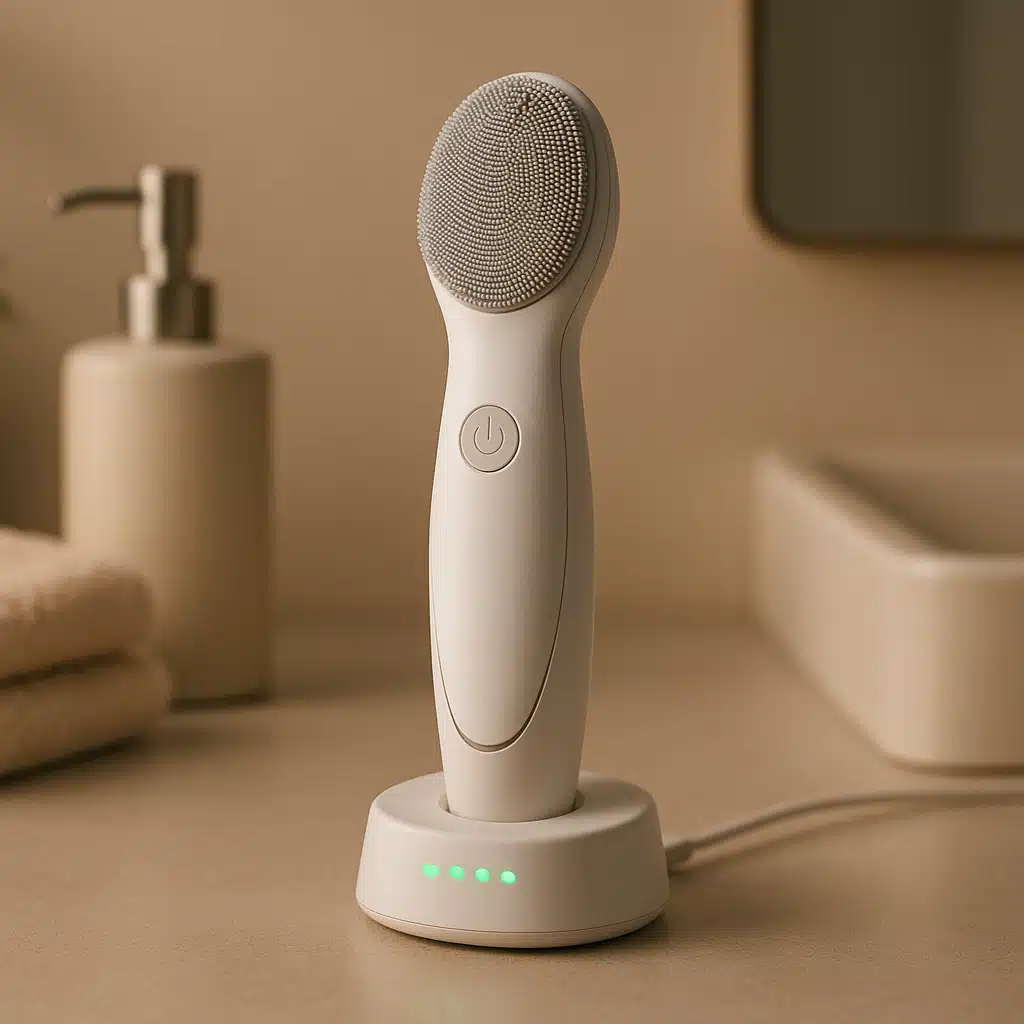 Rechargeable skin cleansing device on wireless charging dock with battery indicator lights, modern bathroom countertop setting with soft ambient lighting