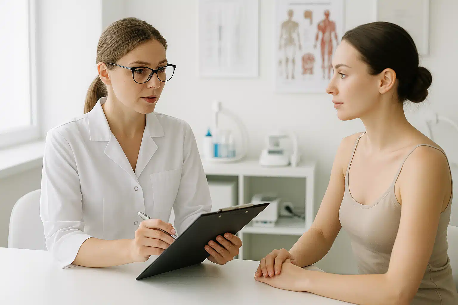 Medical consultation scene with healthcare professional reviewing patient history and contraindications before mesotherapy treatment, professional clinical environment