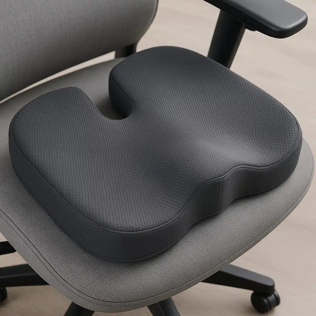 Close-up of ergonomic coccyx cushion with U-shaped cutout design, memory foam material, placed on office chair, professional product photography, showing supportive contours and breathable cover