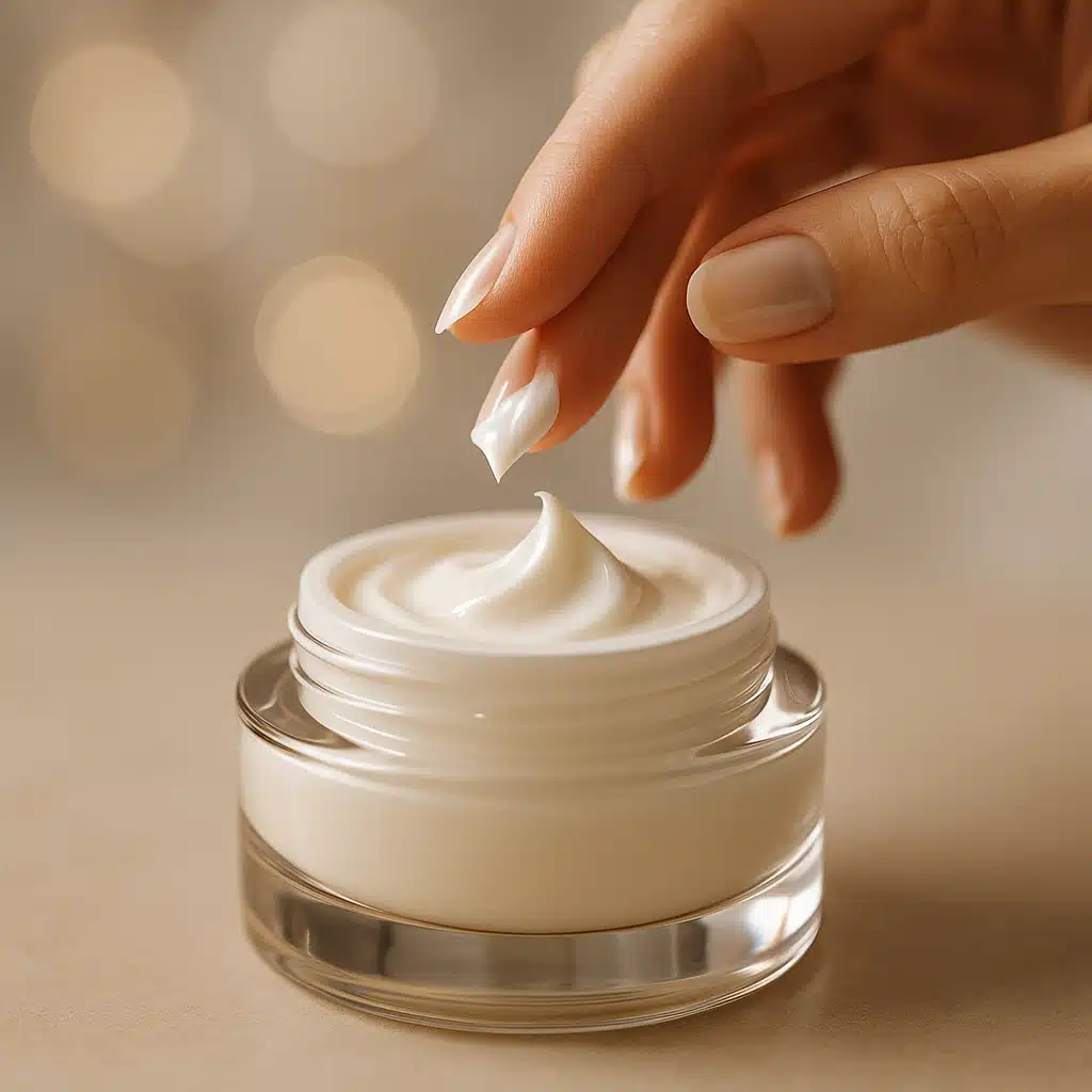 Luxurious moisturizer cream jar with creamy texture visible, fingers applying cream to skin, beauty product photography, soft bokeh background, elegant and sophisticated aesthetic