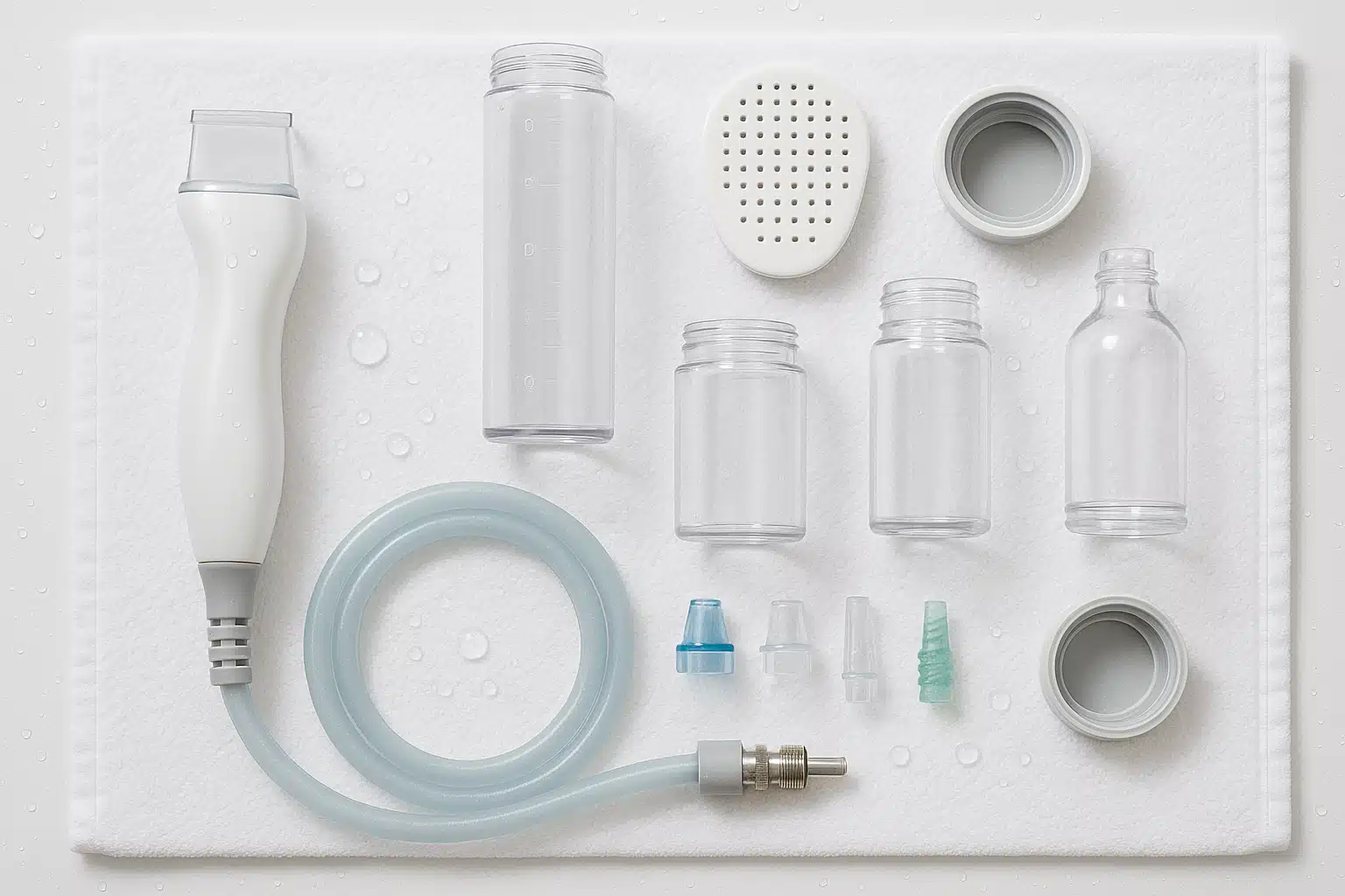 Hydrofacial device components disassembled for cleaning, laid out on clean white towel, water droplets visible, organized arrangement showing proper maintenance, bright and clean photography with educational purpose