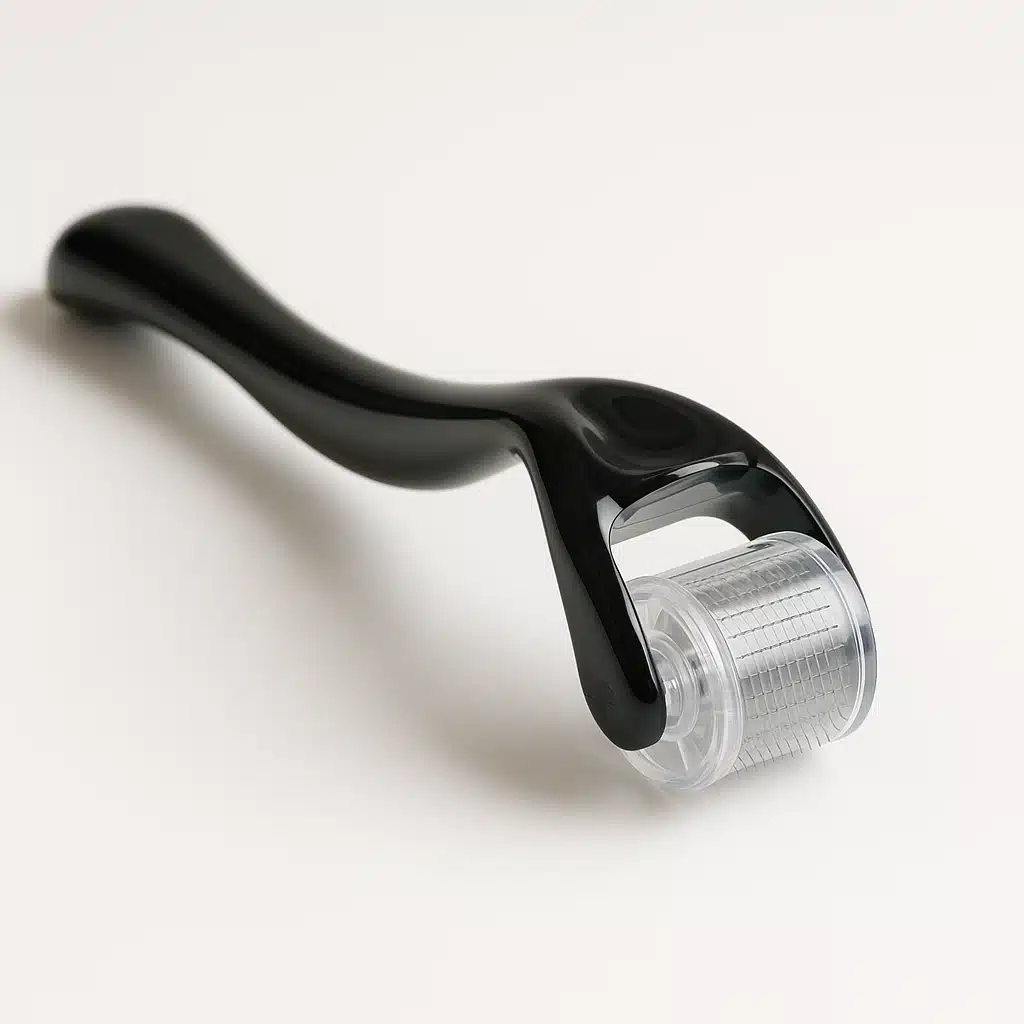 Microneedling derma roller device on clean white background showing fine needle cartridge, medical-grade aesthetic tool, professional product photography