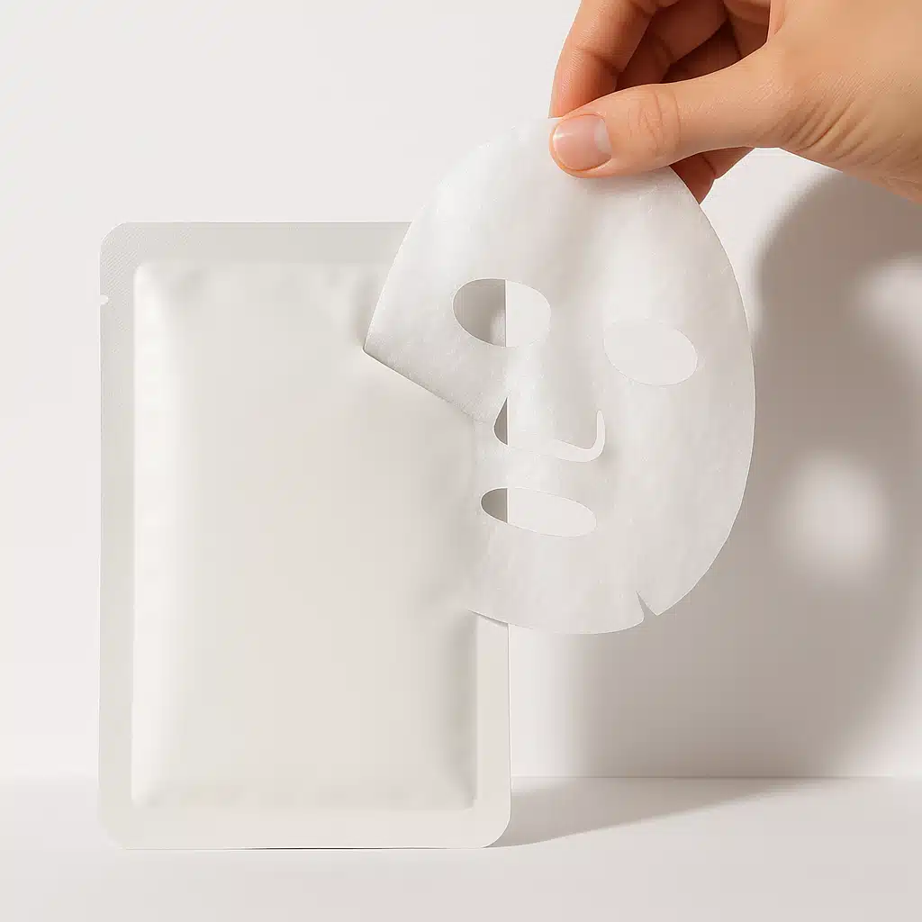 Single-use sheet mask being removed from its packaging, focus on the sealed pouch and unfolding mask, clean and hygienic presentation, bright studio lighting, product detail photography