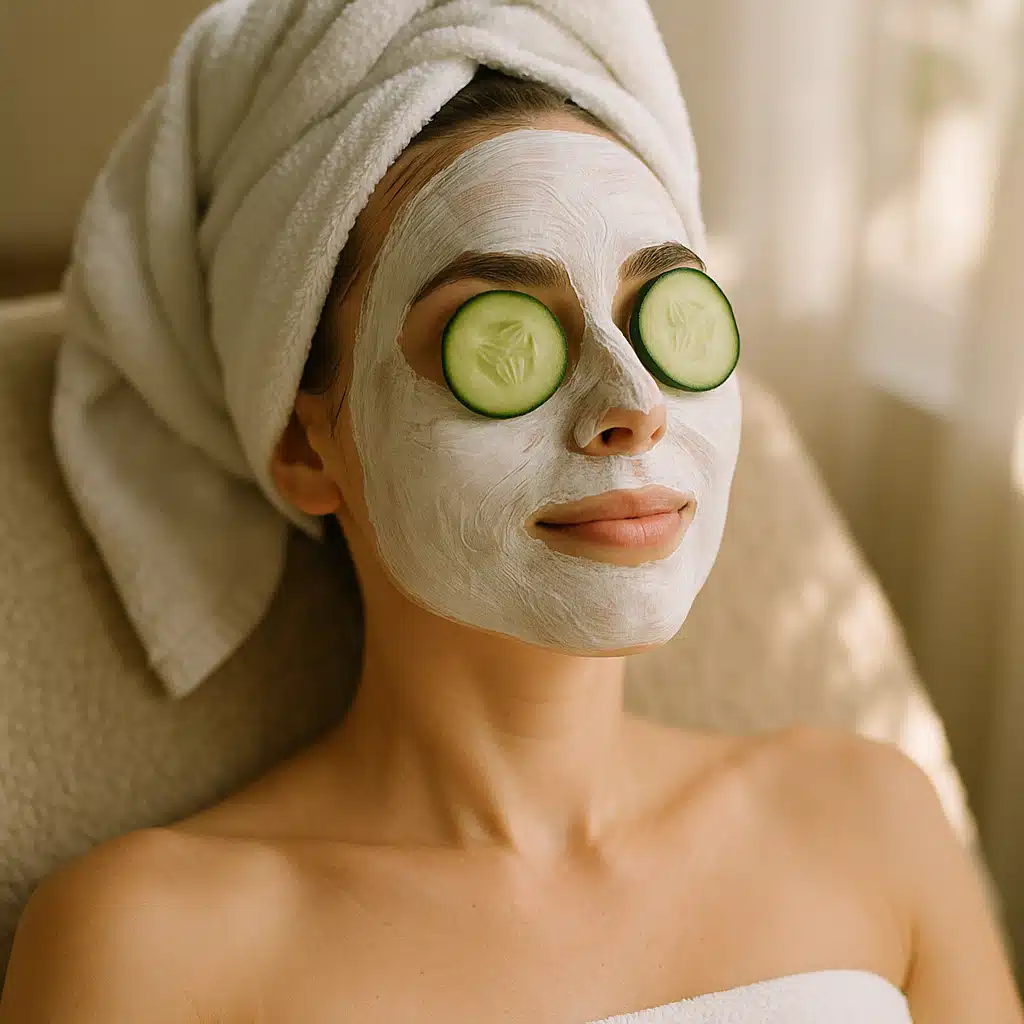 Woman relaxing with a white cream face mask applied, cucumber slices, spa towel, serene self-care moment, natural lighting
