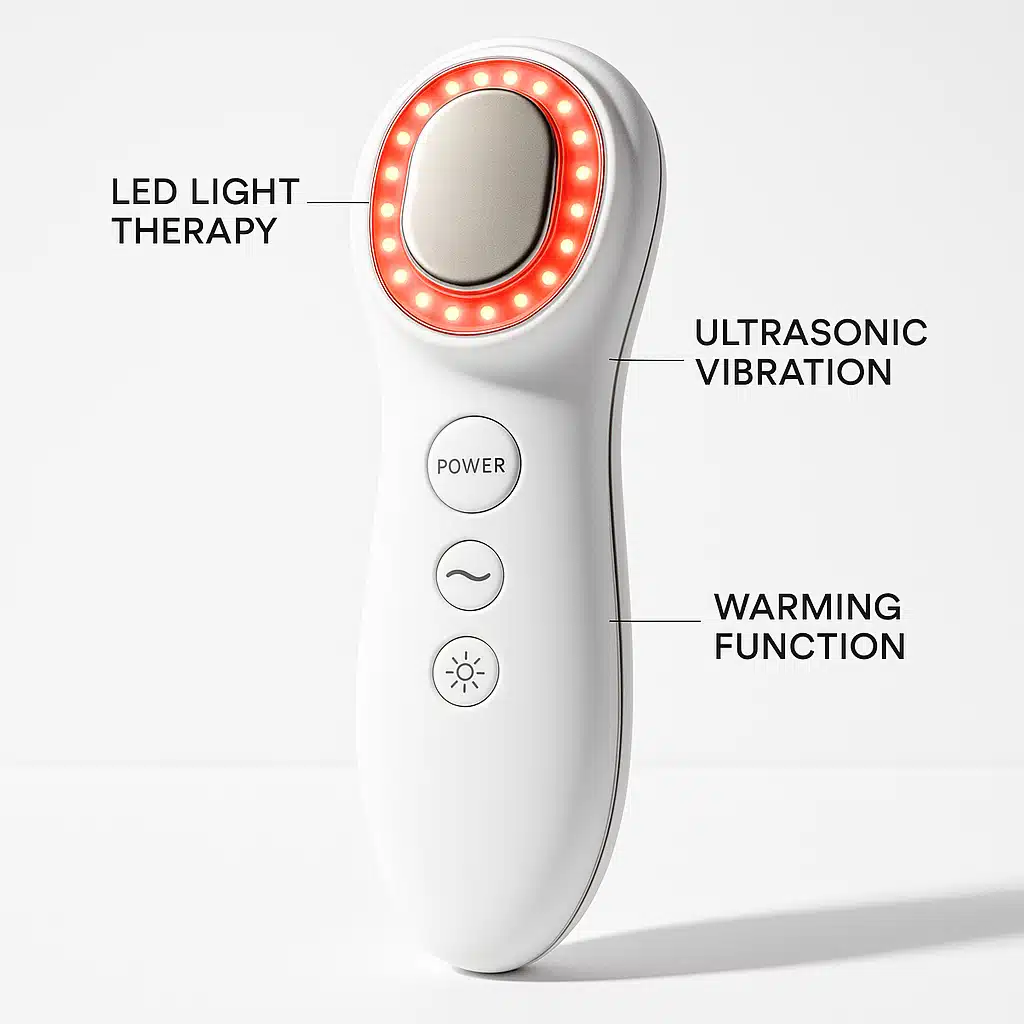 Multifunctional skin care device displaying various features including LED light therapy, ultrasonic vibration, and warming function, professional product photography with feature callouts