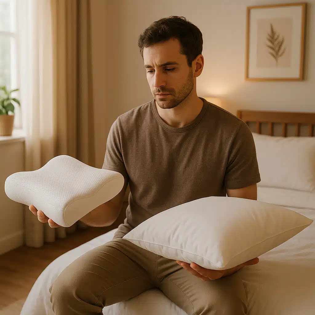Person examining orthopedic pillow features in a well-lit bedroom setting, comparing different pillow types, thoughtful expression, lifestyle photography style, warm and inviting atmosphere