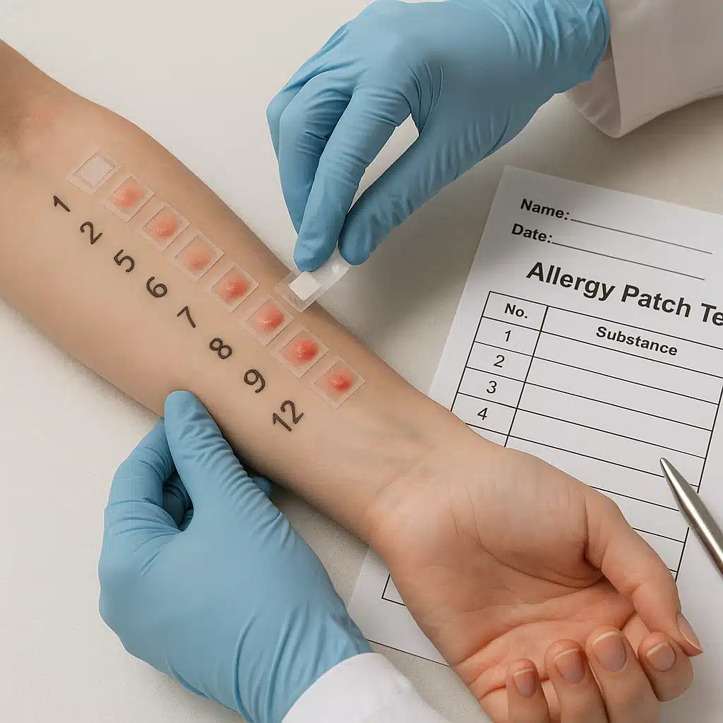 Allergy patch test being conducted on patient's forearm showing multiple test sites, medical professional wearing gloves, clinical documentation style