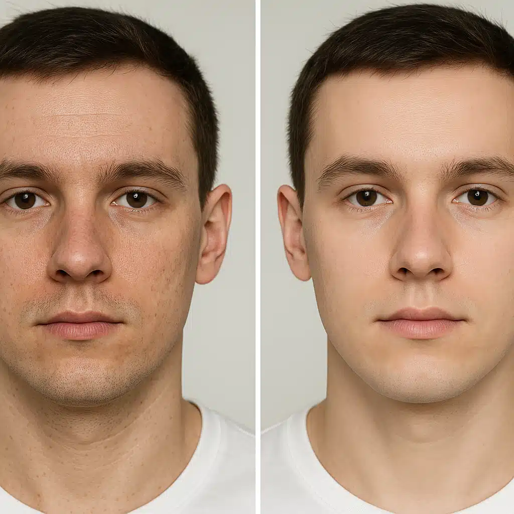 Before and after comparison of skin texture and clarity, side-by-side portrait showing improvements in pore appearance, skin brightness, and overall complexion, professional dermatology photography style, natural lighting, clear visible results