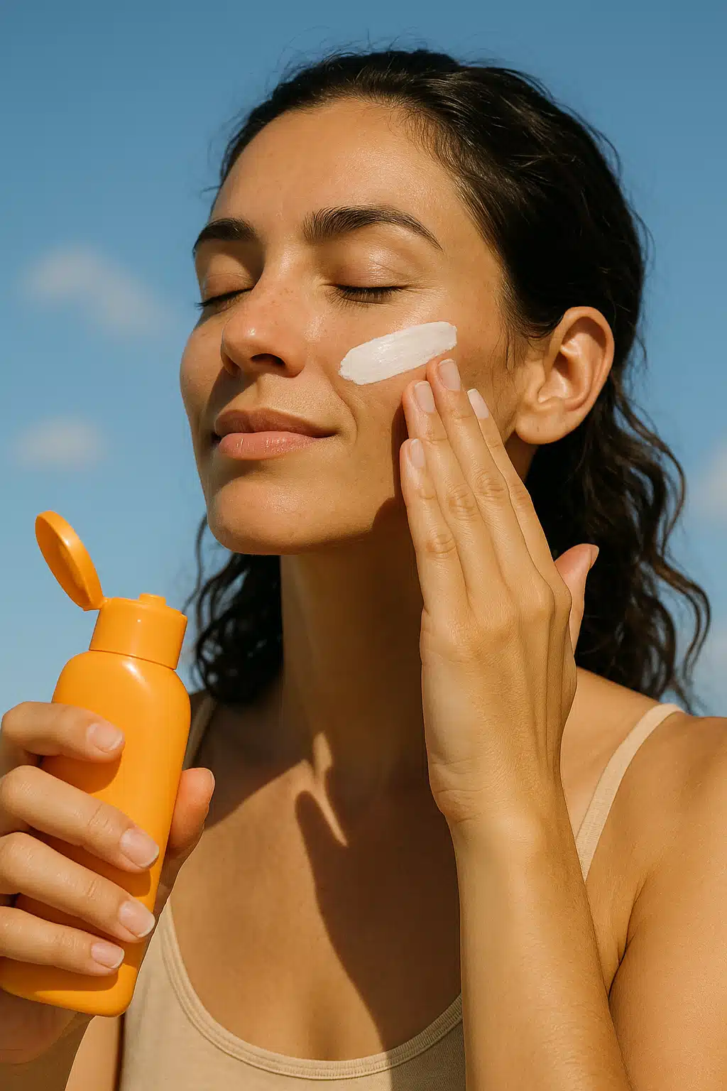 Person applying sunscreen to face outdoors, bright natural sunlight, blue sky background, skincare and sun protection concept, healthy lifestyle aesthetic, candid photography style