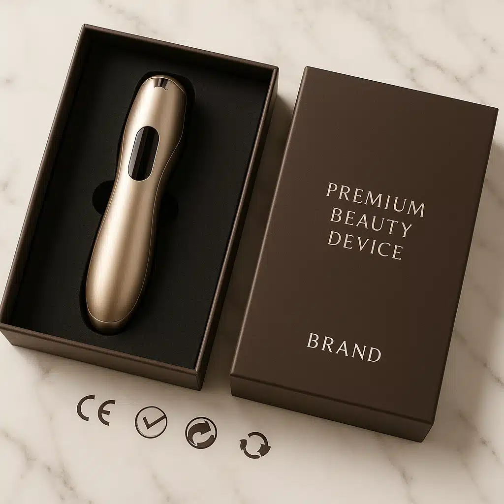 Premium beauty device in elegant packaging with quality certification symbols and professional branding, luxury product presentation on marble surface
